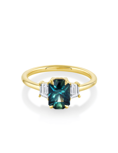 1.78ct Teal Sapphire & White Diamond Three-Stone Engagement Ring Amélioration de cerveau avec