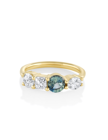 French Cut Diamond & Teal Sapphire Linear Ring soldes