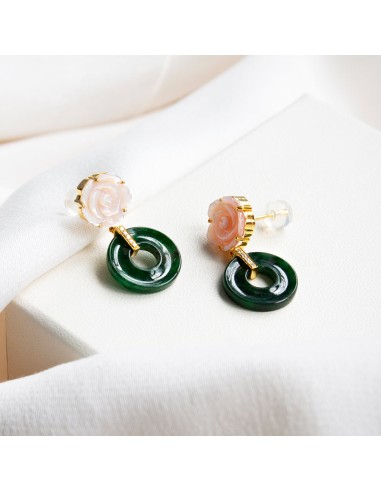 (PRE-ORDER) Pink Mother of Pearl Flower With Jade Donut 18K Gold Earrings france