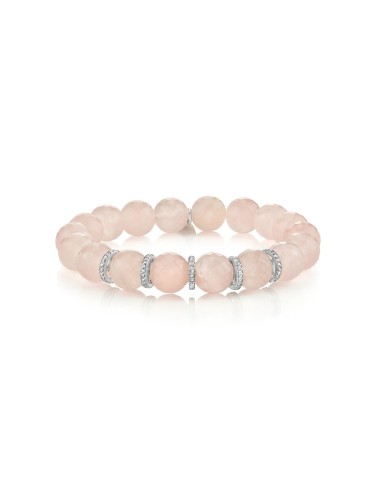 Faceted Rose Quartz Bracelet with Five Diamond Rondelles - 10mm en stock