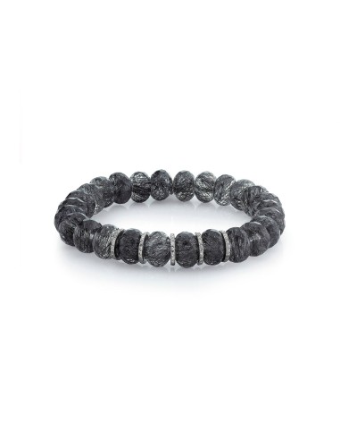 Black Tourmalinated Quartz Bead Bracelet with 5 Diamond Rondelles - 9mm Par le système avancé 