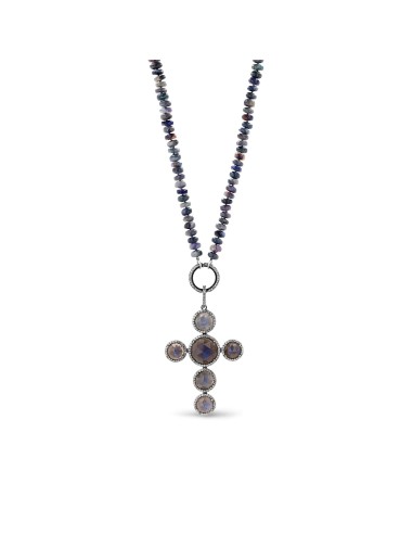 Blue Fire Australian Opal Necklace with Labradorite Stone Cross sur le site 