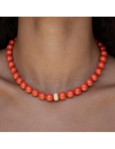 Italian Red Coral Bead Necklace with 14K Gold Pave Diamond Donut "One of a Kind" de France