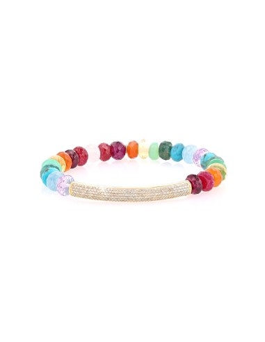 Rainbow Gemstone Mix Faceted Bracelet with 14K Gold Pave Diamond Bar - 8mm rembourrage situé sous