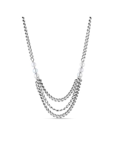 Triple Layer Curb Chain Necklace with Silver Pearls & Diamonds - 18 - 20" Livraison rapide