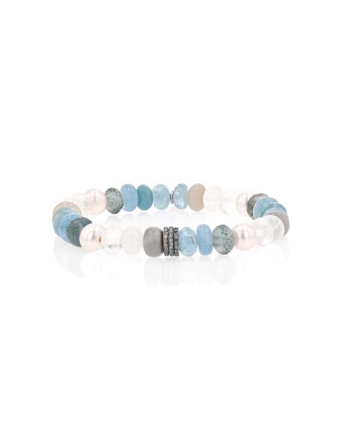 Pearl and Blue Gemstone Mix Bracelet with 3 Diamond Rondelles - 8mm destockage