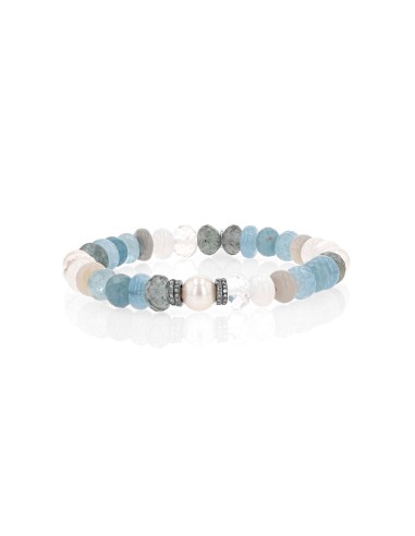 Pearl and Blue Gemstone Mix Bracelet with 4 Diamond Rondelles - 8mm Par le système avancé 