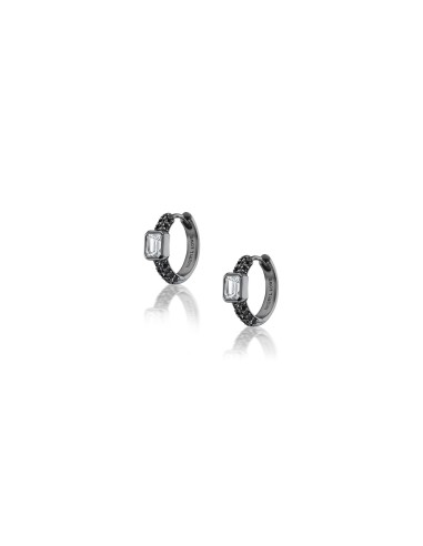 3 Row Black Diamond Huggies with White Topaz Bezel Earrings français