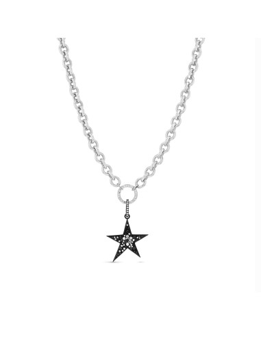 Black and White Cobblestone Diamond Star Pendant on Cable Chain Necklace - 20" soldes