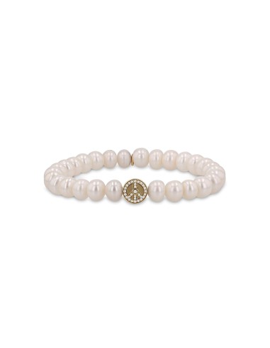 14k Cuties Icon Bracelet - White Pearl with Diamond Peace Sign Bead Faites des économies