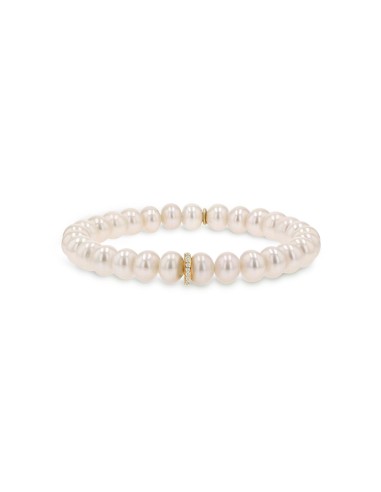 14k Gold White Pearl Bracelet with Diamond Rondelle - 8mm Profitez des Offres !