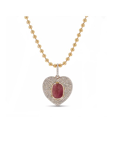 14k Diamond Heart with Pink Tourmaline on Ball Chain Necklace "One of a Kind" Paris Déstockage Promo