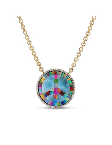 14k Opal Inlay Peace Sign Pendant on Chain Necklace Véritable concentré