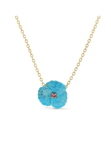 14k Carved Turquoise Orchid Necklace with Pink Tourmaline Center "One of a Kind" la colonne vertébrale