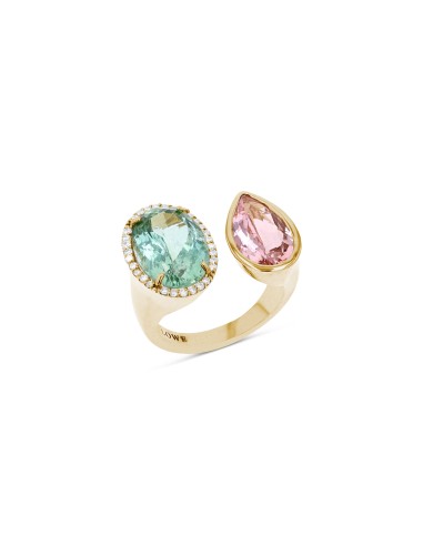 14k Diamond Halo Two Stone Ring - Green & Pink Tourmaline "One of a Kind" Dans la société mordern