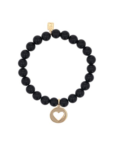 14k Onyx Bracelet with Open Heart Charm - 8mm Paris Déstockage Promo