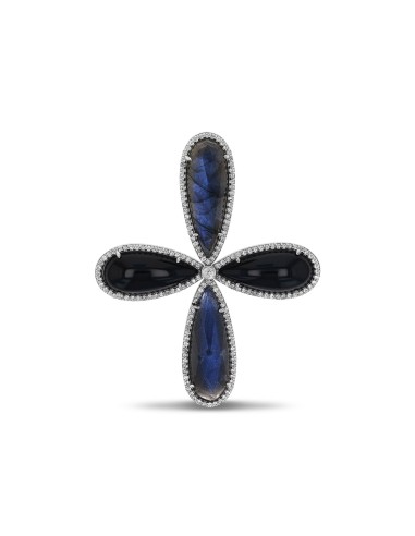 Labradorite and Onyx with Diamonds Cross Brooch "One of a Kind" 50-70% off 